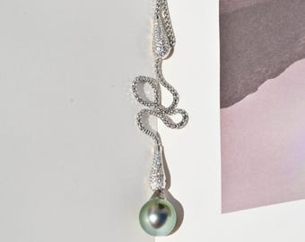 10.5mm Tahitian Pearl Lariat & Y Necklace: Adjustable Sterling Silver Popcorn Chain, AAA, Peacock