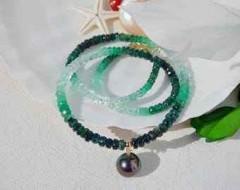 Ombre Faceted Emerald Tahitian Pearl Necklace | 9.5mm | Deep Peacock | Black Pearl | Gemstone and Pearl | Solid 18kt Gold | AAA | 14.75''