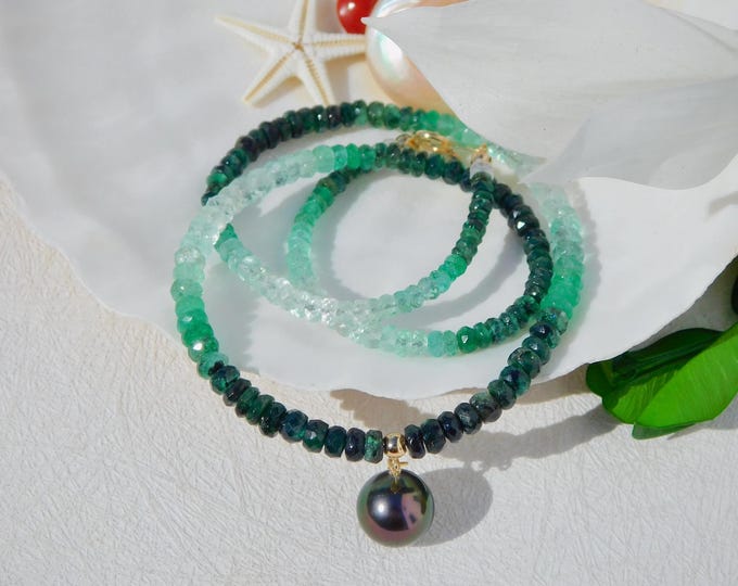Ombre Faceted Emerald Tahitian Pearl Necklace | 9.5mm | Deep Peacock | Black Pearl | Gemstone and Pearl | Solid 18kt Gold | AAA | 14.75''