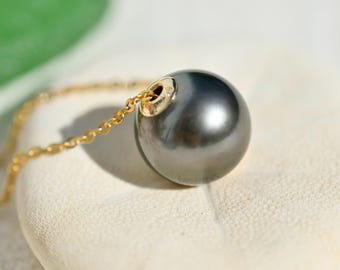11.2mm Floating Tahitian Pearl Necklace: Solid 18K Pin-end Chain, Gray, AAA