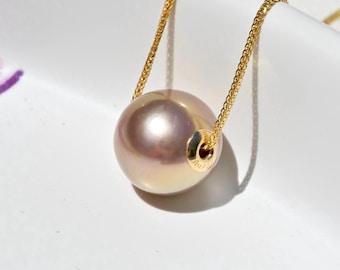 11.5mm Floating Freshwater Pearl Necklace:  Bronze-rose, Solid 18k Gold Pin-End Chain, Dainty, AAA+