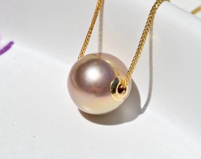 11.5mm Floating Freshwater Pearl Necklace:  Bronze-rose, Solid 18k Gold Pin-End Chain, Dainty, AAA+