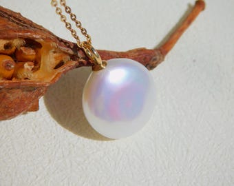 14mm Coin Pearl Pendant: Solid 18K Gold Bail, White Freshwater Pearl, AAA, Rainbow Luster