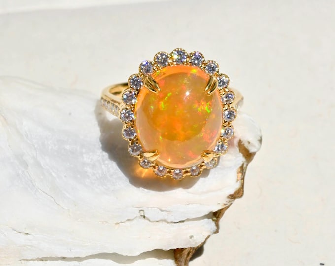 6 Carats Mexican Fire Opal Ring: AAA, Solid 14K Gold, Moissanite Halo, Au585, 6 3/4 US Size