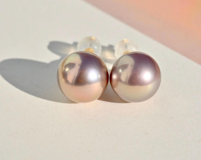 Freshwater Pearl Studs: Solid 18K Gold, 10.1mm, Pastel Mauve Pink Pistachio, AAA+, Pink Pearls