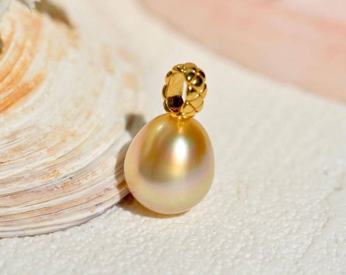 10mm Golden South Sea Pearl Pendant: Solid 18k Yellow Gold Bail, Teardrop, AAA+, Iridescent Golden