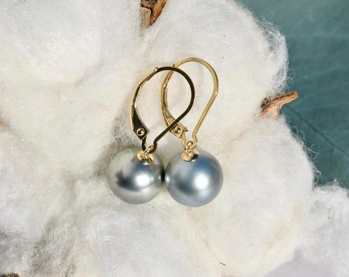 10mm Tahitian Pearl Earrings: Solid 18k Gold Lever Back, Silver Gray Blue, AAA, Au750