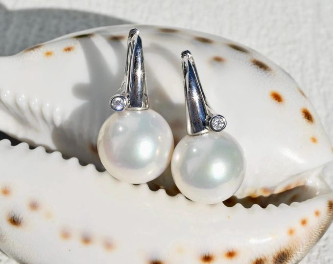 12.4mm Pearl Latch Back Earrings: White Gold Plated Sterling, Pearl Hoop Earrings, AAA