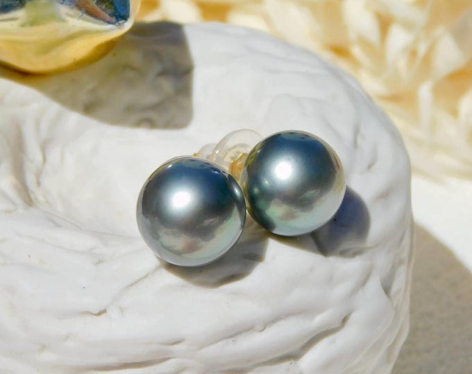 12.5mm Tahitian Pearl Studs | Medium Green Gray  | AA+ | Solid 18k Gold | South Sea Pearl | Saltwater Pearls | Black Pearls | Large Studs