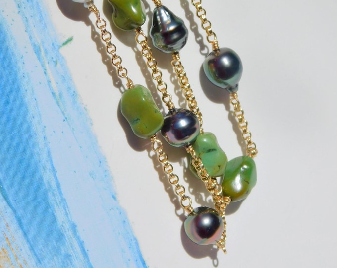 Tahitian Pearl Tin Cup Necklace: 18.75 Inch, 14K Gold Filled Double Link Rolo Chain, Natural Green Turquoise