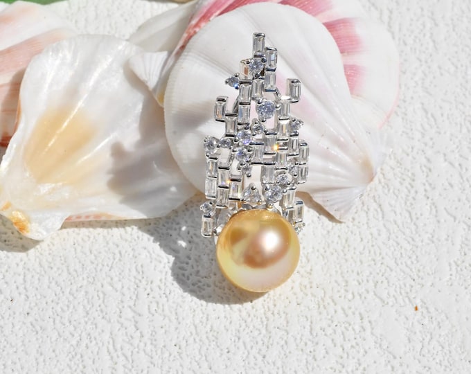 Sterling Silver Cluster Golden South Sea Pearl Brooch: 11.6mm, AAA+, Gold Pearl Pin/Pendant, White Gold Plated Silver
