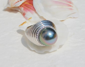 13mm Tahitian Pearl Sterling Silver Ring | Medium Peacock | Round | Unisex | Size 6 US | South Sea Pearl Ring | Big Black Pearl Ring