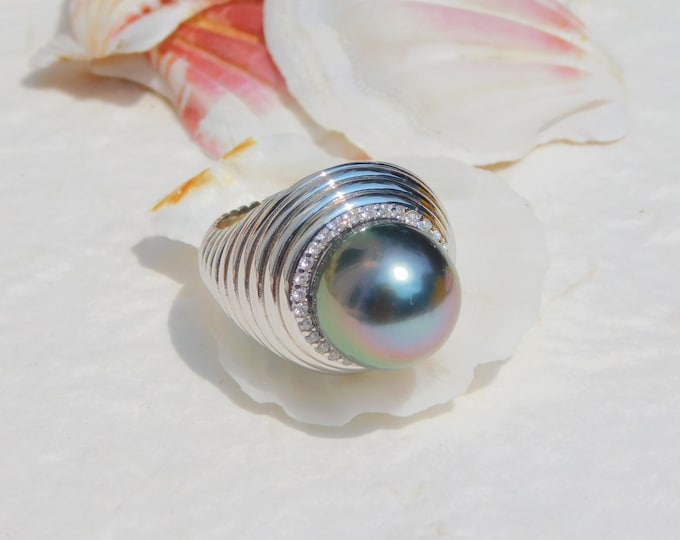 13mm Tahitian Pearl Sterling Silver Ring | Medium Peacock | Round | Unisex | Size 6 US | South Sea Pearl Ring | Big Black Pearl Ring
