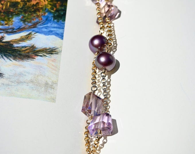 Purple Freshwater Pearl Amethyst Tin Cup Necklace: 14K Gold Filled Rolo Chain