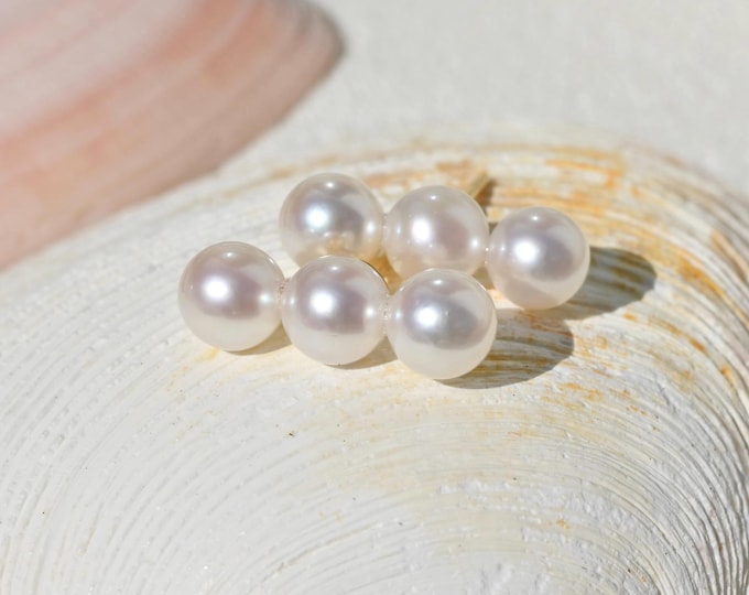 6mm Pearl Bar Stud Earrings: Solid 18K Gold, AAA, Three Akoya Pearls