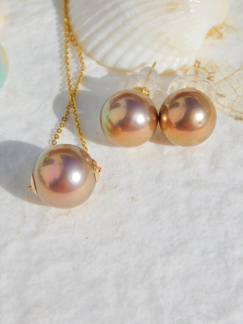 Pearl Studs and Floating Pearl Necklace SET Solid 18kt Yellow Gold Super Metallic Bronze 11.2mm and 11.9mm Beyone AAA Jewelry SET image 6