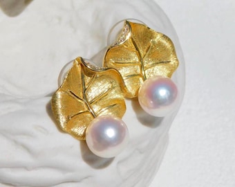 8.5mm Vermeil Leaf Akoya Pearl Earrings | Japanese Akoya Pearls | Gold Plated Silver | Saltwater Pearls | AAA | Texture Leaf | White | Pink
