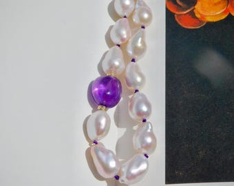 Baroque Freshwater Pearl and Amethyst Necklace: Solid 14k Gold, 17.5 Inches