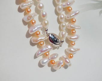 Freshwater Pearl Necklace |  Keshi | Nucleated Pearls | AAA+ | 17 Inches | Sterling Silver | White | Coral Pink | Sterling Silver Clasp