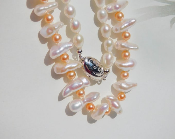 Freshwater Pearl Necklace |  Keshi | Nucleated Pearls | AAA+ | 17 Inches | Sterling Silver | White | Coral Pink | Sterling Silver Clasp