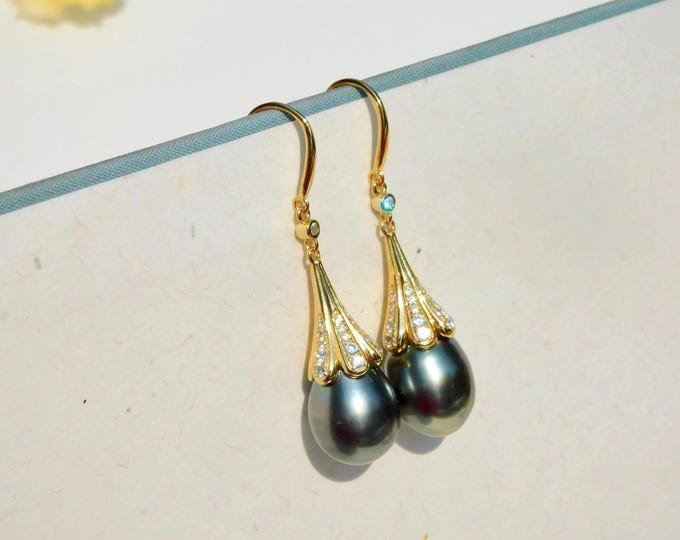 Long Tahitian Pearl Earrings | AAA | Vermeil Drop Earrings | Deep Green | Black Pearl Earrings | Gold Over Silver | Teardrop | 10.9mm