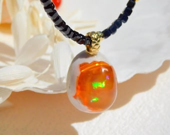 Black Spinel Fire Mexican Opal Pendant Necklace | Solid 18k Gold | Removable Pendant | 16.75 Inches | Black | AAA | Red Opal | Gemstones