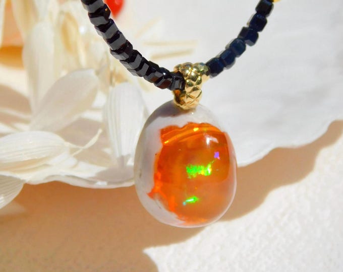 Black Spinel Fire Mexican Opal Pendant Necklace | Solid 18k Gold | Removable Pendant | 16.75 Inches | Black | AAA | Red Opal | Gemstones