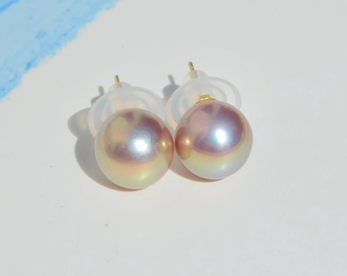 11.3mm Freshwater Pearl Studs | Pink Mauve Pistachio | Gold Studs | Round | AAA+ | Solid 18K Gold Pearl Studs | Large Pearl Studs | Metallic