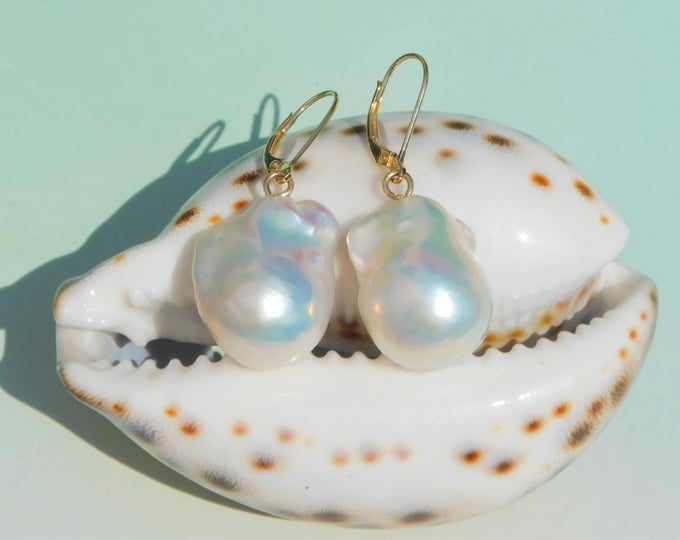 Large Baroque Pearl Lever-back Earrings | Solid 14kt/18kt Yellow Gold | Chinese Freshwater Pearls | AAA | Fireballs | Big Pearls | 16mm*21mm