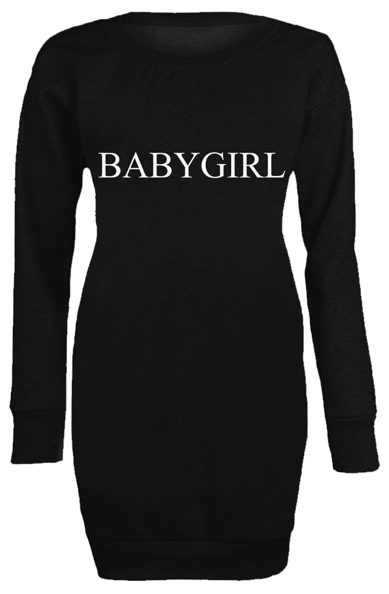 New Womens Ladies Fashion Slogan Babygirl Statement Long Jumper Mini Dress Top