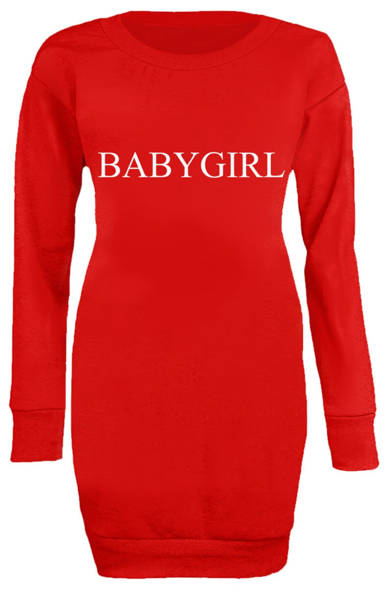 New Womens Ladies Fashion Slogan Babygirl Statement Long Jumper Mini Dress Top