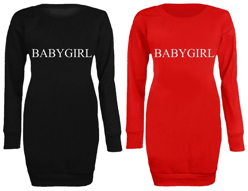 New Womens Ladies Fashion Slogan Babygirl Statement Long Jumper Mini Dress Top