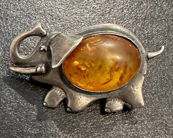 Vintage Sterling Silver Figural Elephant Pin with Amber Belly