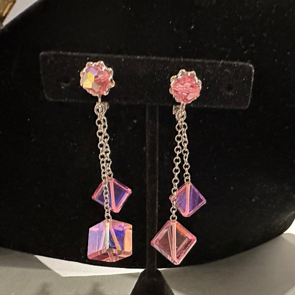 Vintage Vendome Clip-On Drop Earrings with a Silver-Tone Chain and Double Pink Glass Cubes