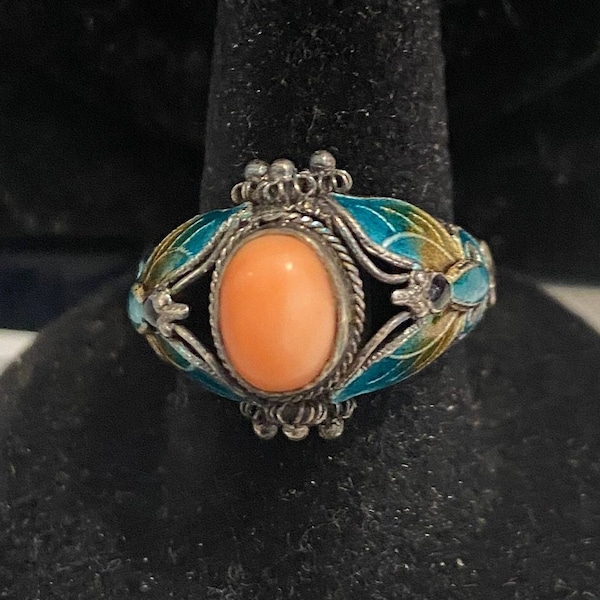 Vintage Sterling Silver and Coral Ring with Enameled Butterflies Size 8