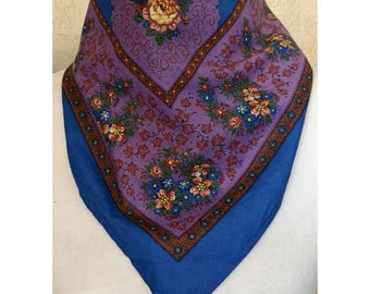 Vintage Soleiado Charles Demery Blue Floral Scarf Bandanna France Cotton 24 X 24