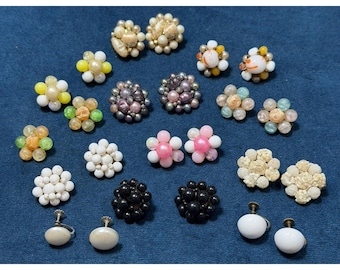 Vintage All Japan Clip On Earrings Lot 12 Pair Cluster Button Round Multi Color