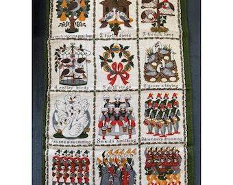 Paño de cocina vintage de Ulster Weavers, 12 días de Navidad, lino irlandés, colores brillantes.