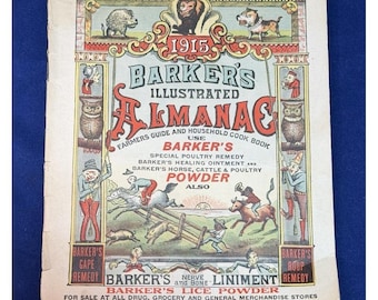 Almanaque ilustrado antiguo de Barker de 1915: Guía para agricultores y libro de recetas para el hogar.