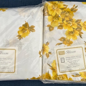 Vintage 70-tals Sears Blossom Gult Blommigt Dubbellakanset Platt Passformad 2 ST