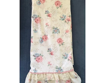 Vintage 80er Jahre Cabbage Rose Floral Queen Size Flach Blatt Spitze Rüschen Rosa Blau Tan