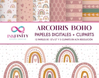 Pastel Colors Boho Rainbow Digital Papers and Cliparts
