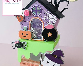 Cupcake box with Halloween Haunted House - Blank template to customize DXF and SVG