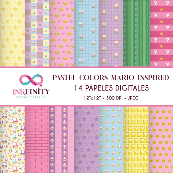 Papeles Digitales Mario en colores pastel - Pastel Colors Mario Inspired Digital Papers - Papéis Digitais Mario Cores Pastel