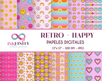 Papeles Digitales Retro Carita Feliz - Retro happy Digital Papers