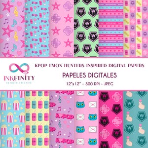 Può includere: Una collezione di carte digitali con vari motivi, tra cui stelle, note musicali e forme geometriche in rosa, viola e verde acqua. Le carte sono etichettate come "KPOP EMON HUNTERS INSPIRED DIGITAL PAPERS" e misurano 30.48 x 30.48 cm.