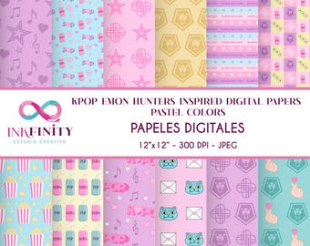 Digitale papieren in pastelkleuren, geïnspireerd op Kpop Demon Hunters.