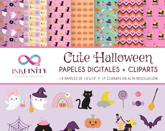 Digital Papers + Cute Halloween Cliparts - Cute Halloween Digital Papers and Cliparts