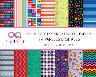 May include: A collection of 14 digital papers with various patterns and designs. The papers feature polka dots, stripes, eye-themed graphics, floral, and geometric patterns. The papers are 12x12 inches and 300 DPI.