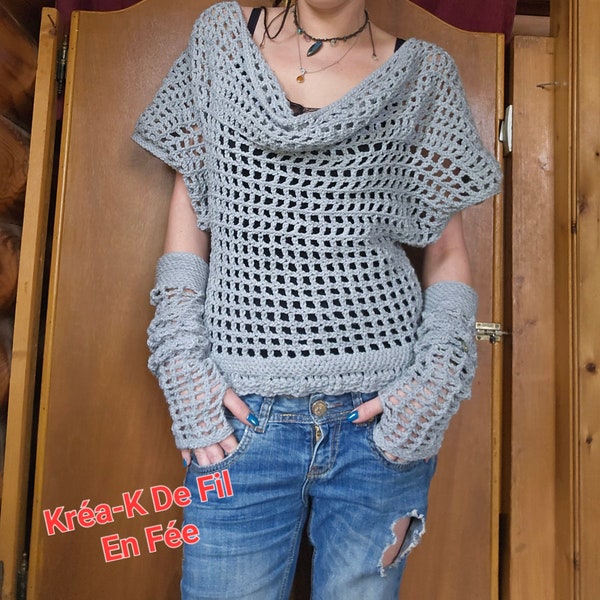 Pull col bénitier et manches chauve-souris avec mitaines, réalisé entièrement à la main, au crochet !